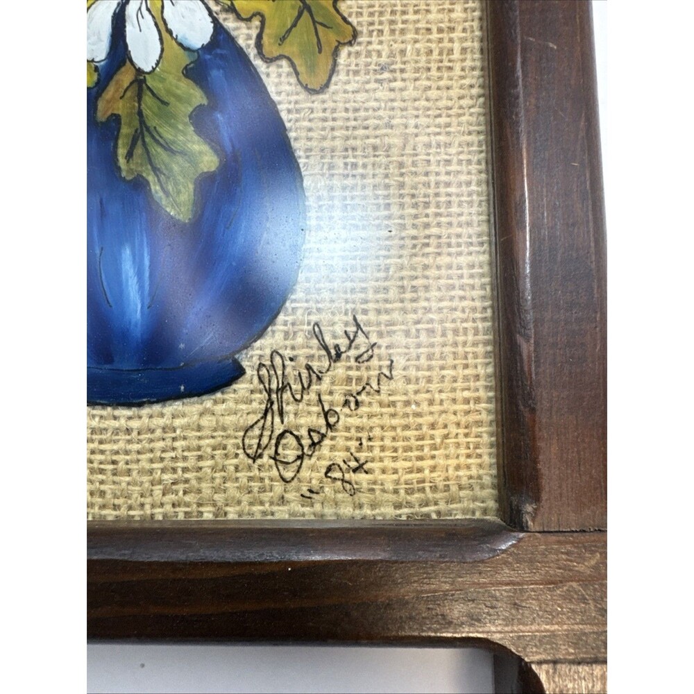 Vintage Rattan Wicker Background Reverse Hand Painted Daisies’s Blue Vase 15 In - Picture 7 of 8